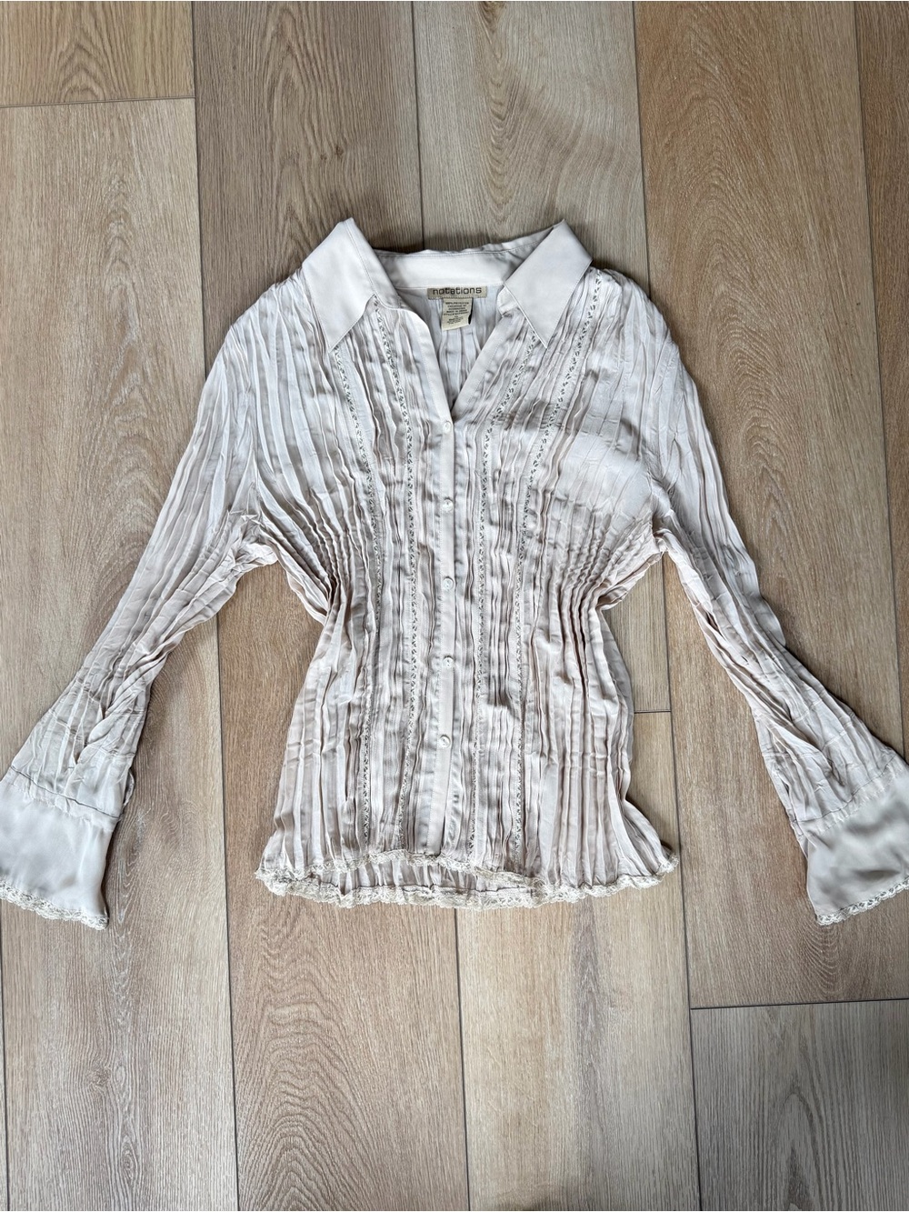 Notations Crinkle Button Front Blouse Lace Trim Bell Sleeve Top Extra Large